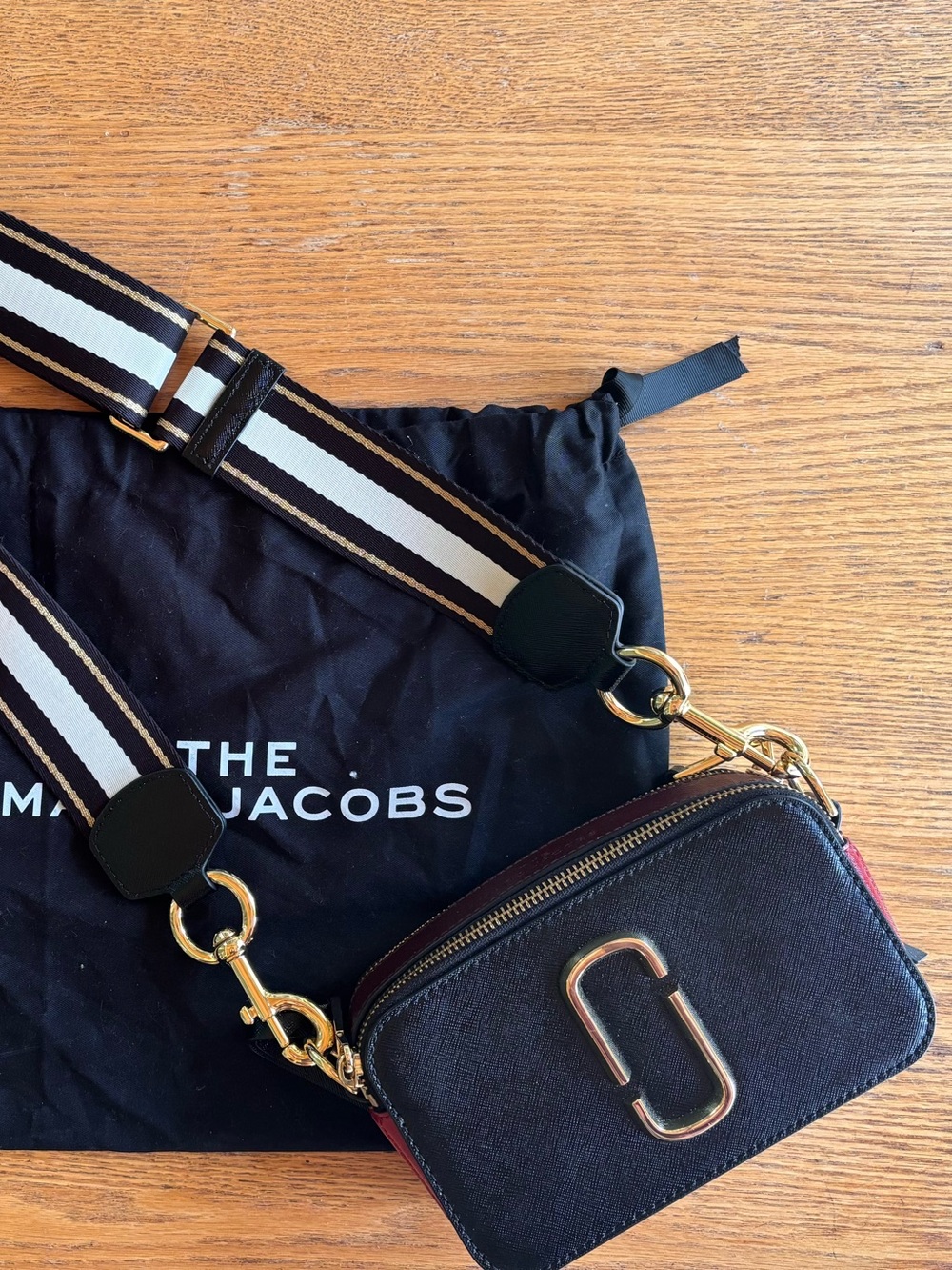 Marc Jacobs Black and Red Snapshot Crossbody with Gold Hardware